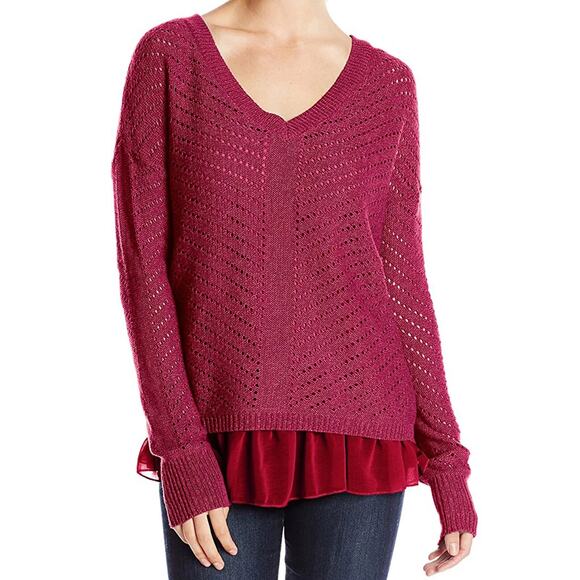 FINAL REDUCTION NWT Prana Ellory Sweater Womens Medium Maroon Plum Red Ruffle - Picture 1 of 12
